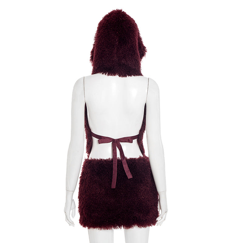 Sultry Plum Plush Hoodie & Mini Skirt Set - Chic Backless Fall & Holiday Party Look