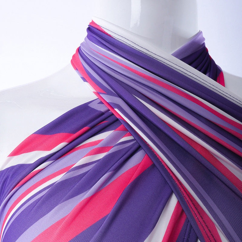 Radiant Sunset Striped Halter Crop Top & Ruched Mini Skirt Set - Your Ultimate Warm Weather Getaway Outfit