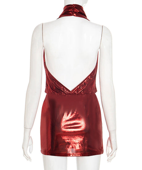 Showstopping Silver Metallic Halter Mini Dress - Cowl Neck & Backless for Holiday Parties & NYE