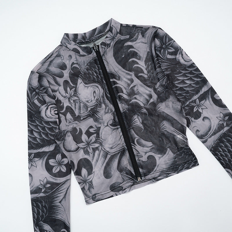Edgy Tattoo Print Mesh Zip-Up Long Sleeve Crop Top & Shorts Set – Fall Party & Halloween Ready