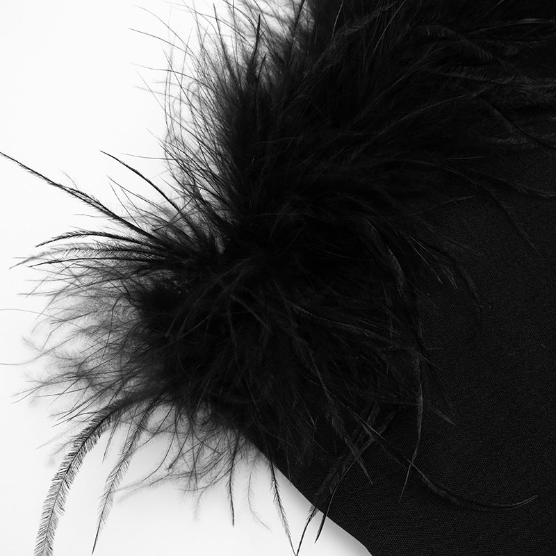 Chic Feather Trim Strapless Romper - Black Playsuit for Fall Parties & Holiday Glam