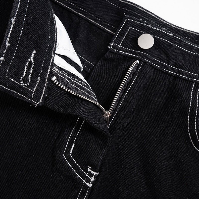 Fall Chic: Women's Asymmetrical Denim-Look Mini Skirt with Contrast Stitching | Trendy Handkerchief Hem