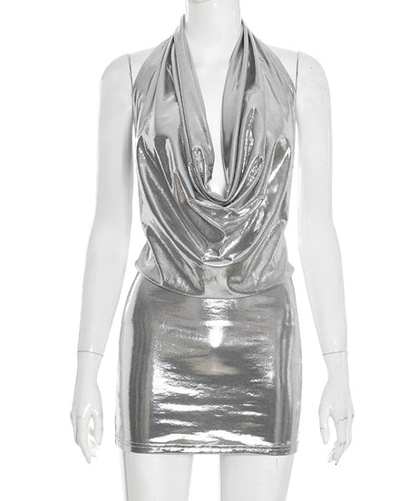 Showstopping Silver Metallic Halter Mini Dress - Cowl Neck & Backless for Holiday Parties & NYE