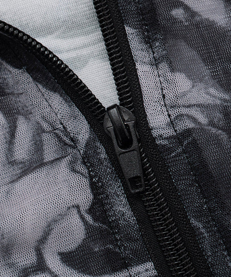 Edgy Tattoo Print Mesh Zip-Up Long Sleeve Crop Top & Shorts Set – Fall Party & Halloween Ready