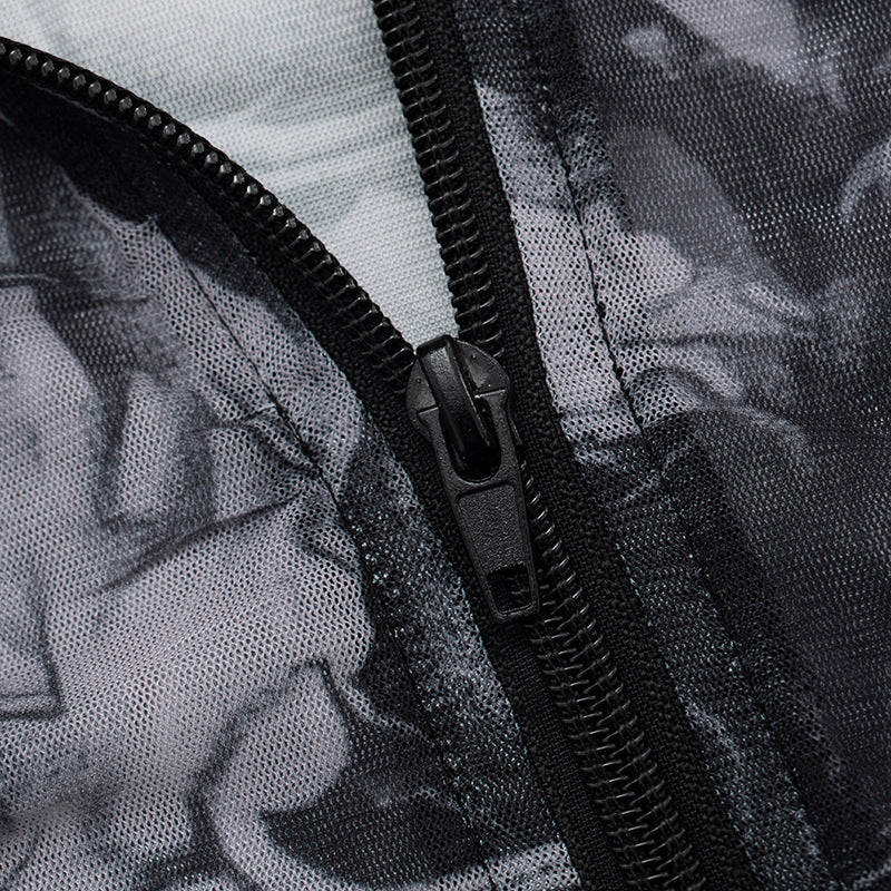 Edgy Tattoo Print Mesh Zip-Up Long Sleeve Crop Top & Shorts Set – Fall Party & Halloween Ready