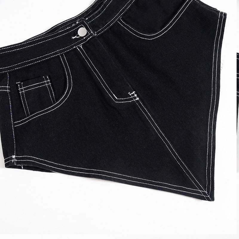 Fall Chic: Women's Asymmetrical Denim-Look Mini Skirt with Contrast Stitching | Trendy Handkerchief Hem