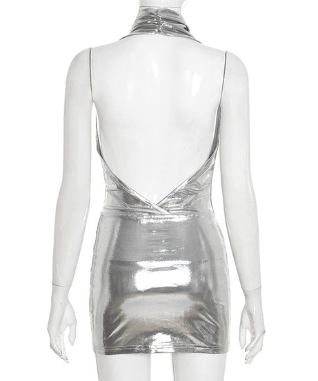 Showstopping Silver Metallic Halter Mini Dress - Cowl Neck & Backless for Holiday Parties & NYE