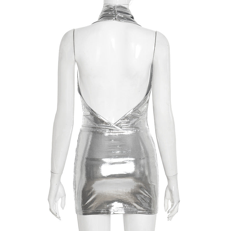 Showstopping Silver Metallic Halter Mini Dress - Cowl Neck & Backless for Holiday Parties & NYE