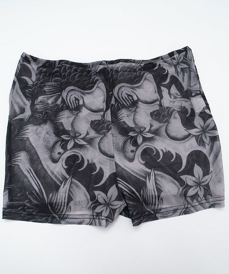 Edgy Tattoo Print Mesh Zip-Up Long Sleeve Crop Top & Shorts Set – Fall Party & Halloween Ready