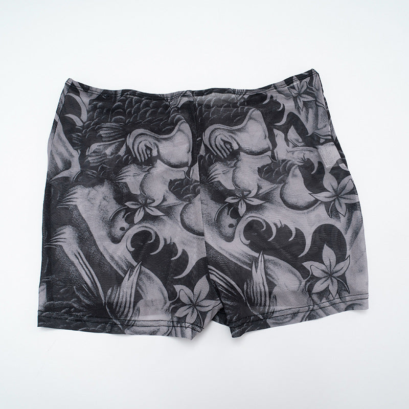 Edgy Tattoo Print Mesh Zip-Up Long Sleeve Crop Top & Shorts Set – Fall Party & Halloween Ready