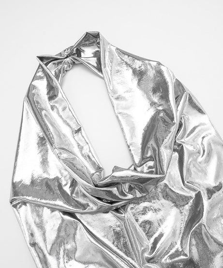 Showstopping Silver Metallic Halter Mini Dress - Cowl Neck & Backless for Holiday Parties & NYE