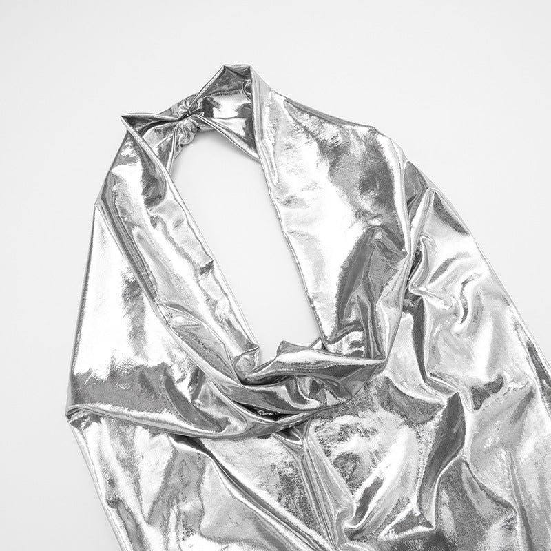 Showstopping Silver Metallic Halter Mini Dress - Cowl Neck & Backless for Holiday Parties & NYE