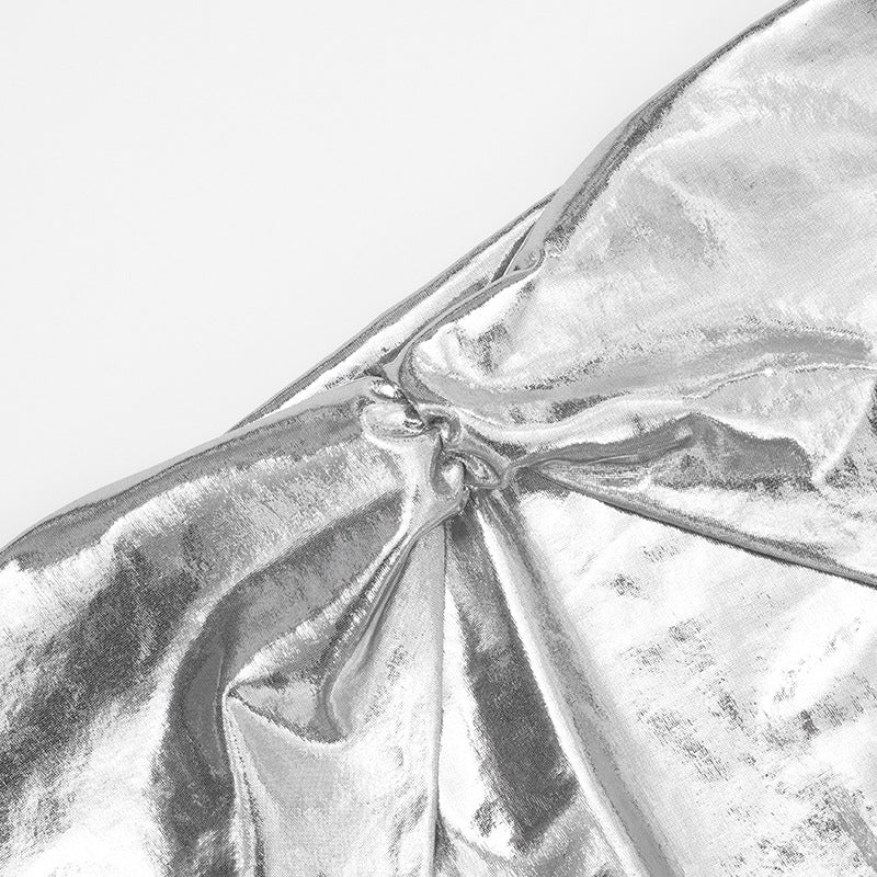 Showstopping Silver Metallic Halter Mini Dress - Cowl Neck & Backless for Holiday Parties & NYE