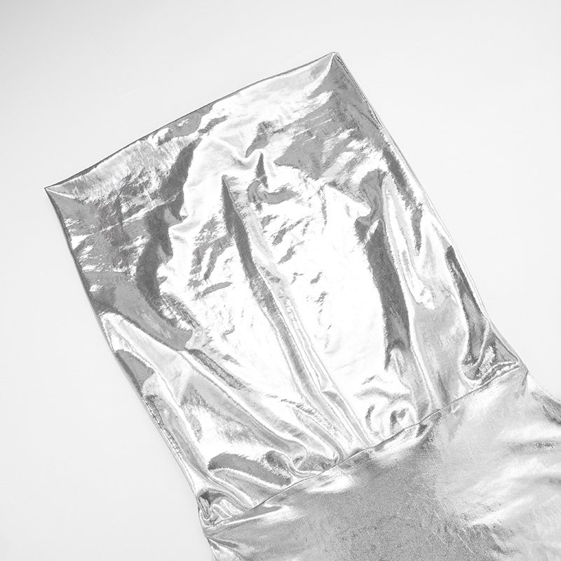 Showstopping Silver Metallic Halter Mini Dress - Cowl Neck & Backless for Holiday Parties & NYE