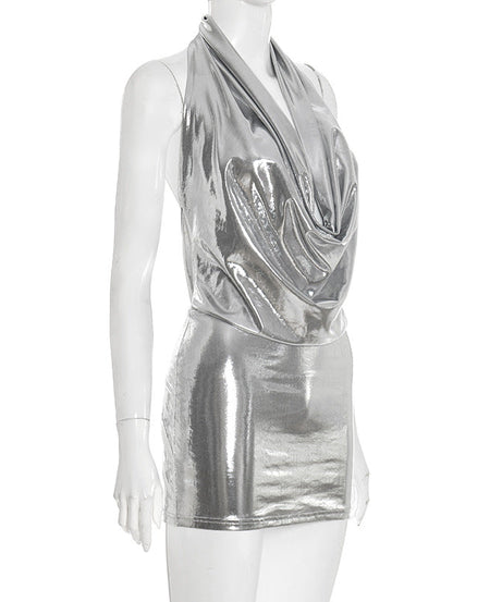 Showstopping Silver Metallic Halter Mini Dress - Cowl Neck & Backless for Holiday Parties & NYE