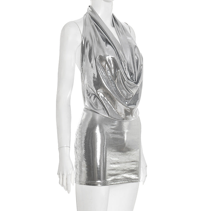 Showstopping Silver Metallic Halter Mini Dress - Cowl Neck & Backless for Holiday Parties & NYE