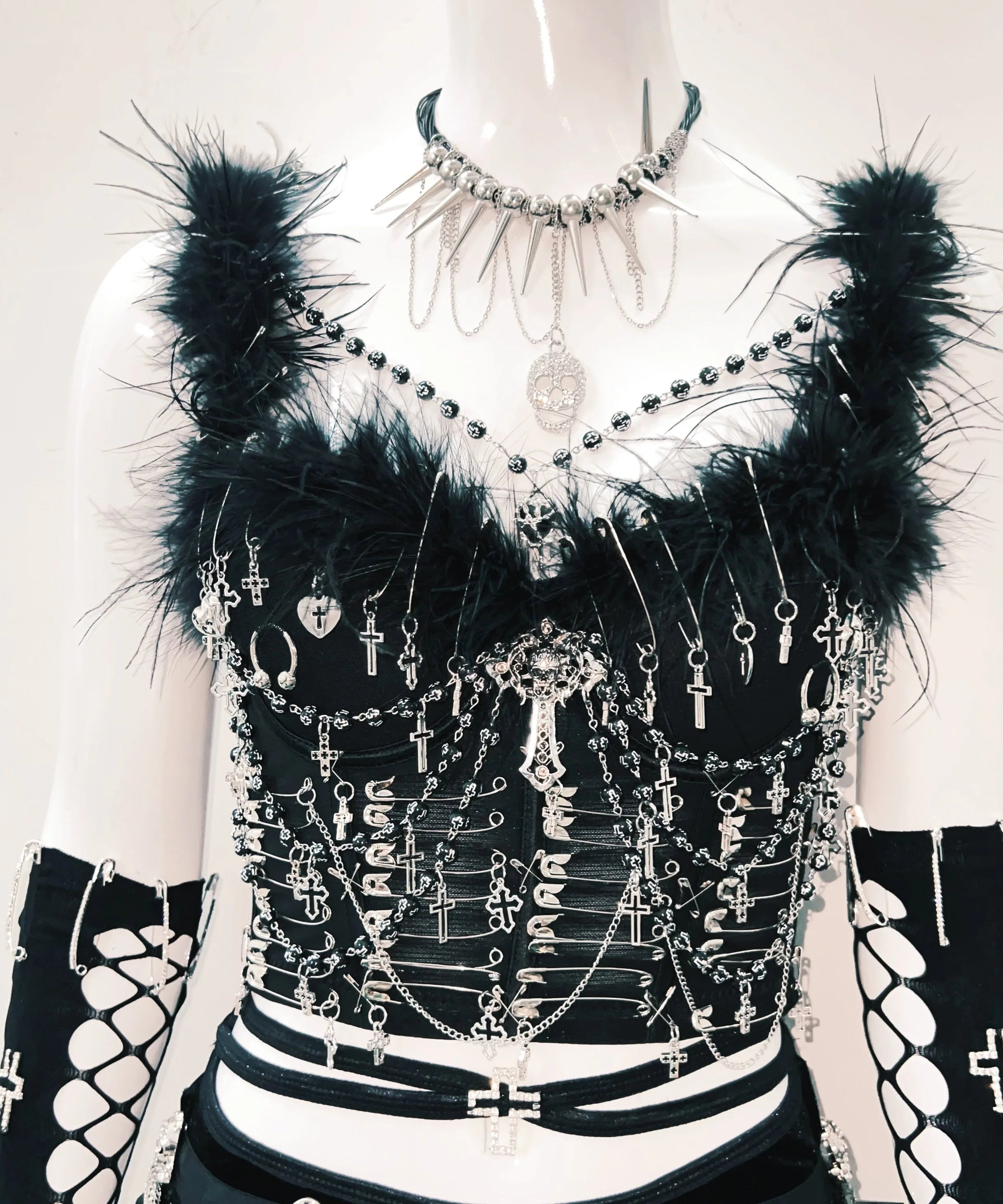 Unleash Your Dark Glamour: Gothic Feather & Spike Corset Top - Halloween & Festival Ready!