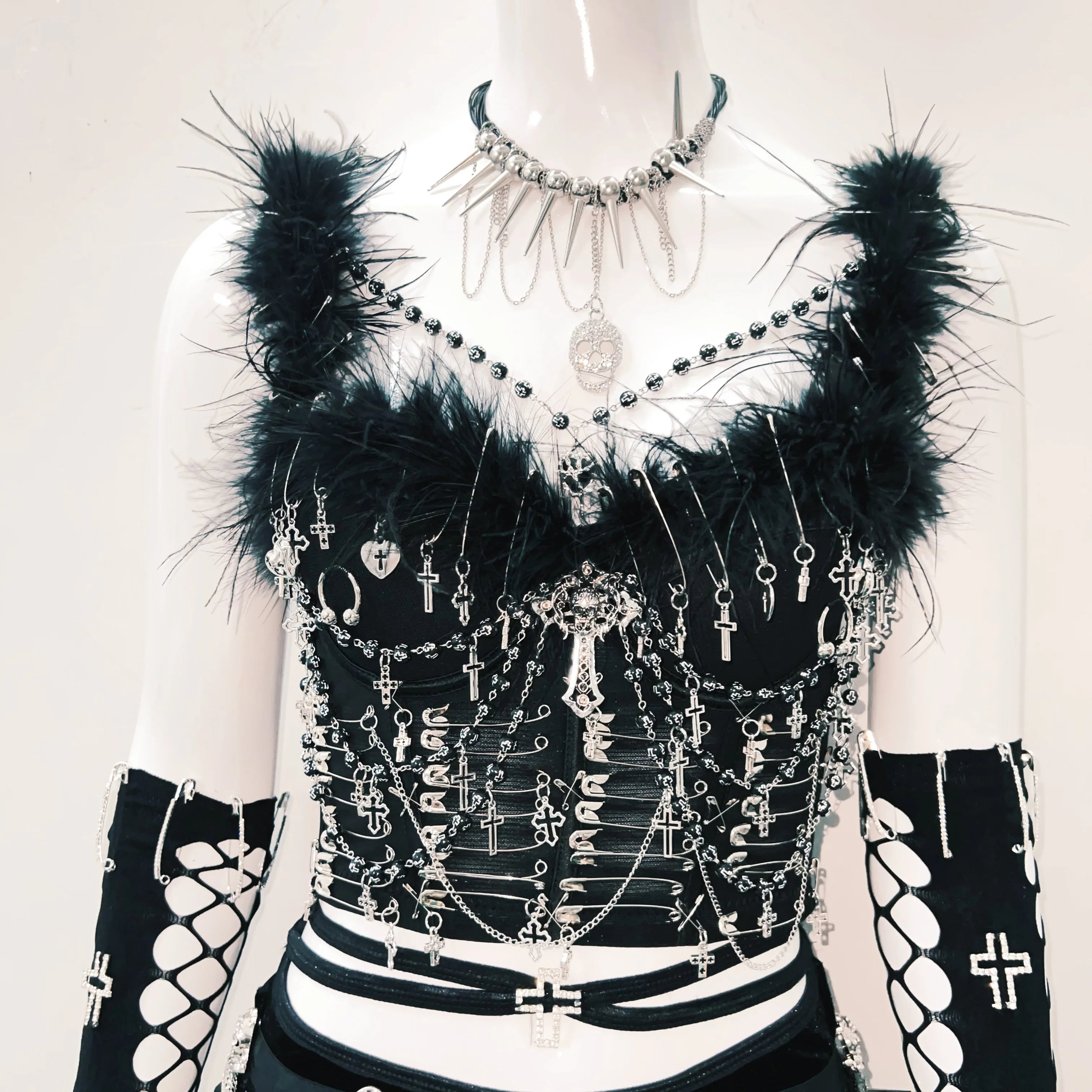 Unleash Your Dark Glamour: Gothic Feather & Spike Corset Top - Halloween & Festival Ready!