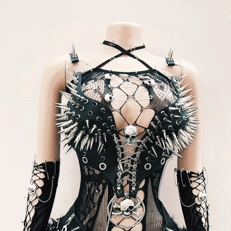 Fierce Spiked Gothic Skull Harness Top - Edgy Mesh Bralette for Halloween & Rave Season