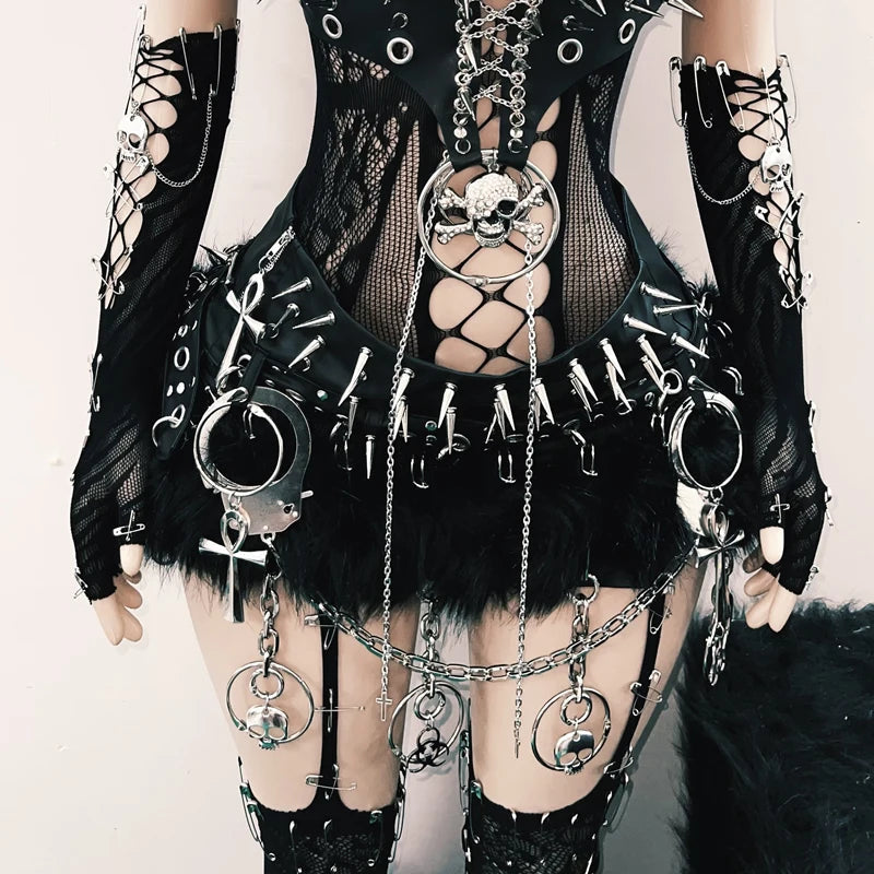 Fierce Spiked Gothic Skull Harness Top - Edgy Mesh Bralette for Halloween & Rave Season
