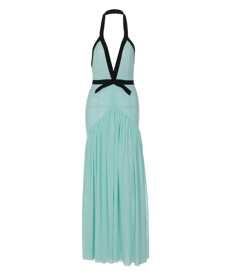 Chic Mint Green Halter Maxi Dress – Deep V-Neck, Ruched Waist & Black Bow | Elegant for Resort & Holiday Galas