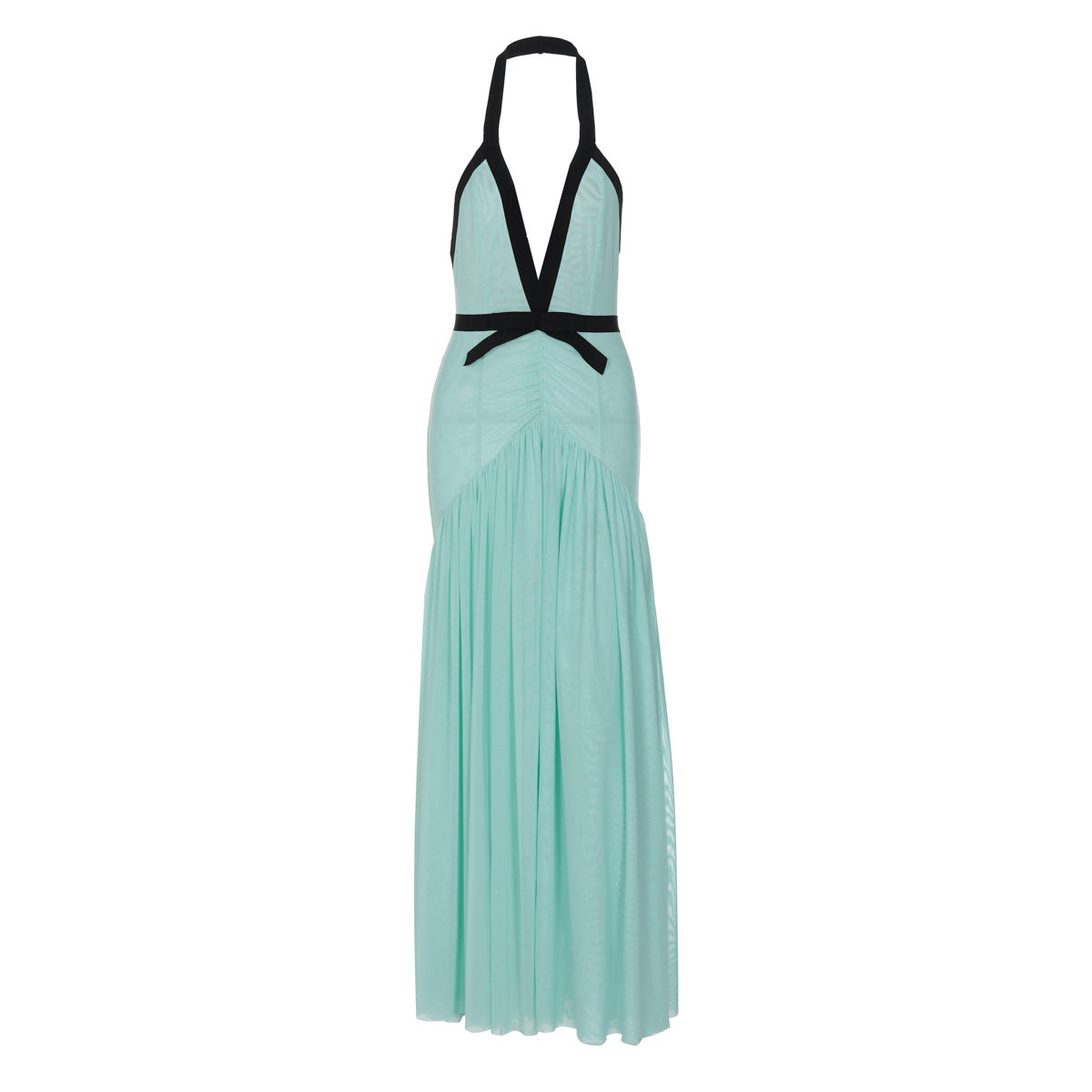 Chic Mint Green Halter Maxi Dress – Deep V-Neck, Ruched Waist & Black Bow | Elegant for Resort & Holiday Galas