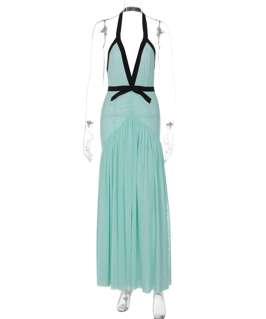 Chic Mint Green Halter Maxi Dress – Deep V-Neck, Ruched Waist & Black Bow | Elegant for Resort & Holiday Galas