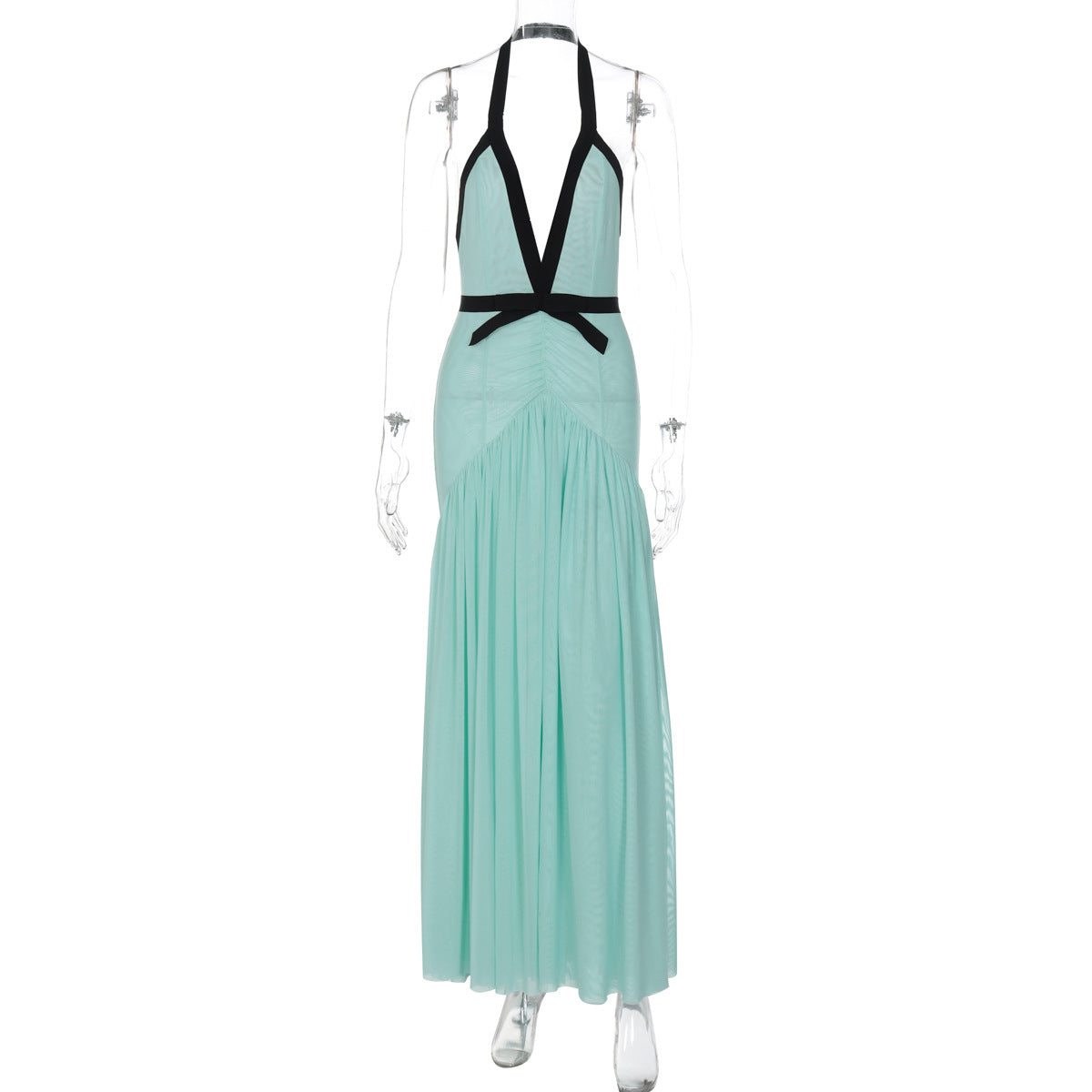 Chic Mint Green Halter Maxi Dress – Deep V-Neck, Ruched Waist & Black Bow | Elegant for Resort & Holiday Galas