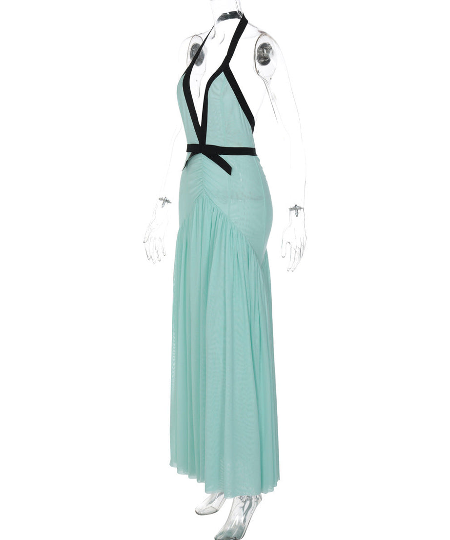 Chic Mint Green Halter Maxi Dress – Deep V-Neck, Ruched Waist & Black Bow | Elegant for Resort & Holiday Galas