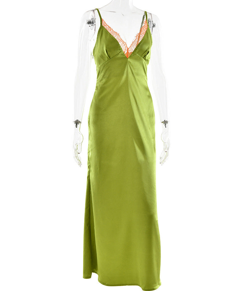 Verdant Green Satin Slip Maxi Dress with Lace V-Neck | Your Essential Fall & Holiday Party Glamour