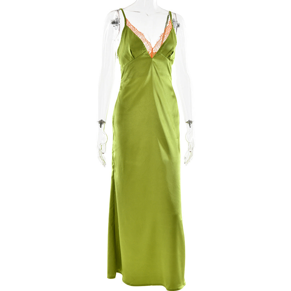 Verdant Green Satin Slip Maxi Dress with Lace V-Neck | Your Essential Fall & Holiday Party Glamour
