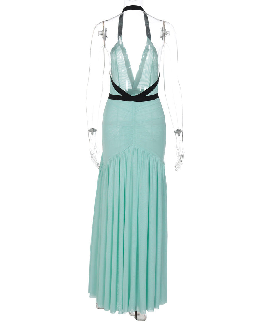 Chic Mint Green Halter Maxi Dress – Deep V-Neck, Ruched Waist & Black Bow | Elegant for Resort & Holiday Galas