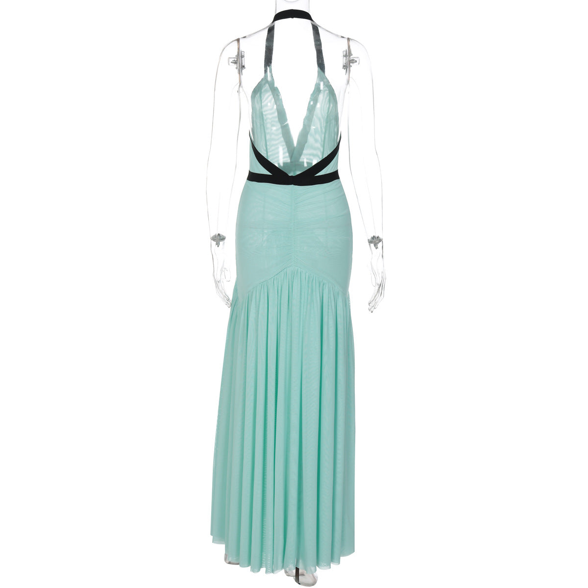 Chic Mint Green Halter Maxi Dress – Deep V-Neck, Ruched Waist & Black Bow | Elegant for Resort & Holiday Galas