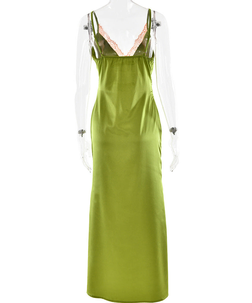 Verdant Green Satin Slip Maxi Dress with Lace V-Neck | Your Essential Fall & Holiday Party Glamour