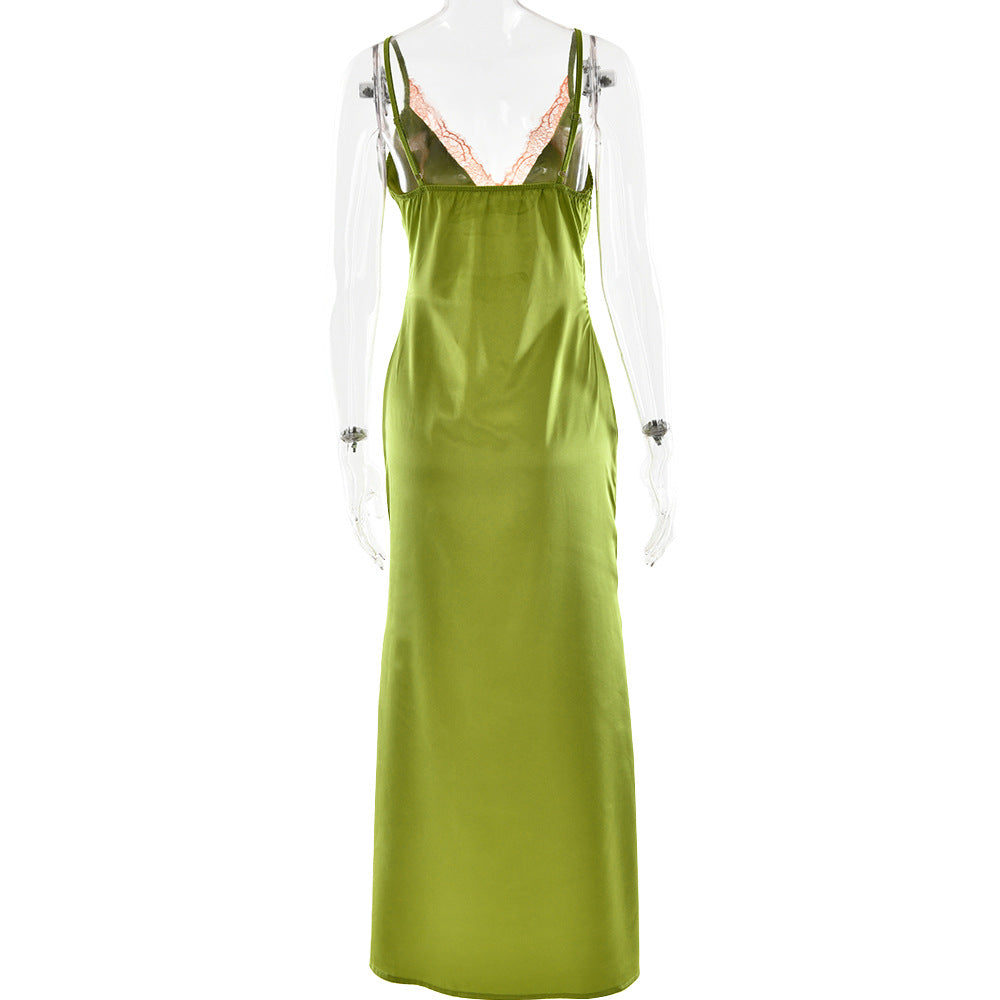 Verdant Green Satin Slip Maxi Dress with Lace V-Neck | Your Essential Fall & Holiday Party Glamour