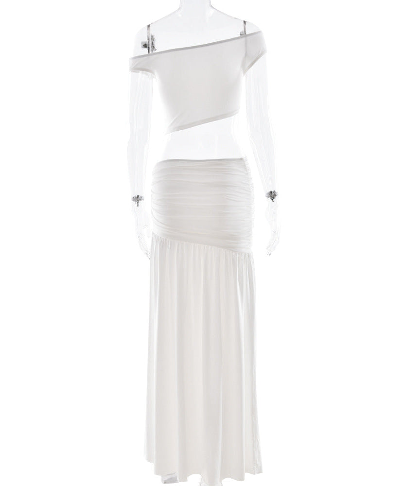 Fall Flair: Chic Olive Green Ruched Maxi Skirt & Asymmetrical Crop Top Set