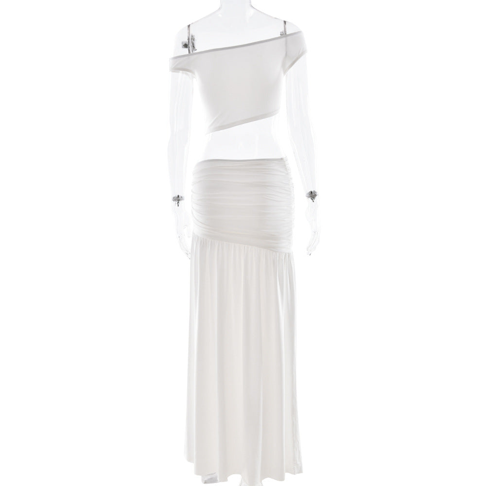 Fall Flair: Chic Olive Green Ruched Maxi Skirt & Asymmetrical Crop Top Set