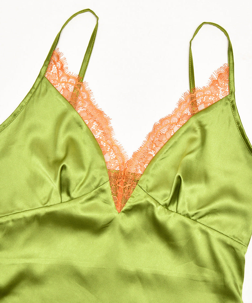 Verdant Green Satin Slip Maxi Dress with Lace V-Neck | Your Essential Fall & Holiday Party Glamour