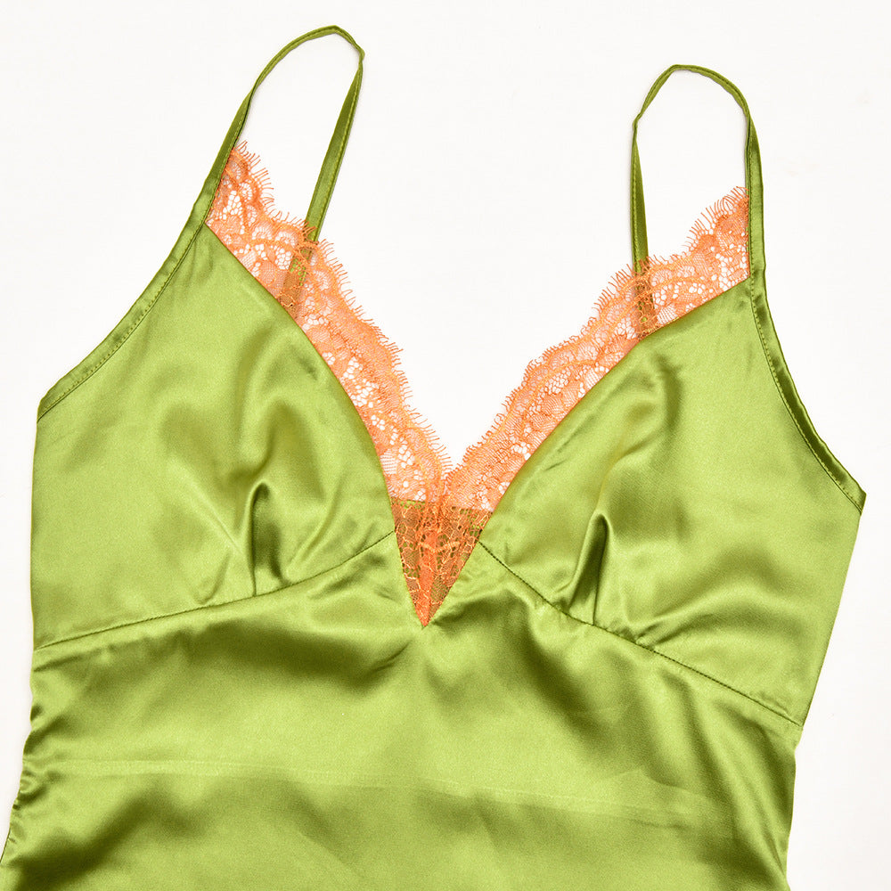 Verdant Green Satin Slip Maxi Dress with Lace V-Neck | Your Essential Fall & Holiday Party Glamour