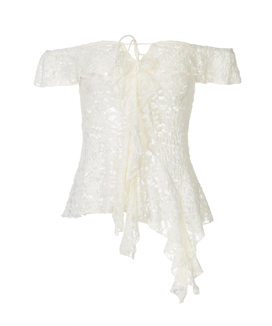 Romantic Lace Off-Shoulder Top: Chic Tie-Front & Asymmetrical Ruffle for Fall Evenings