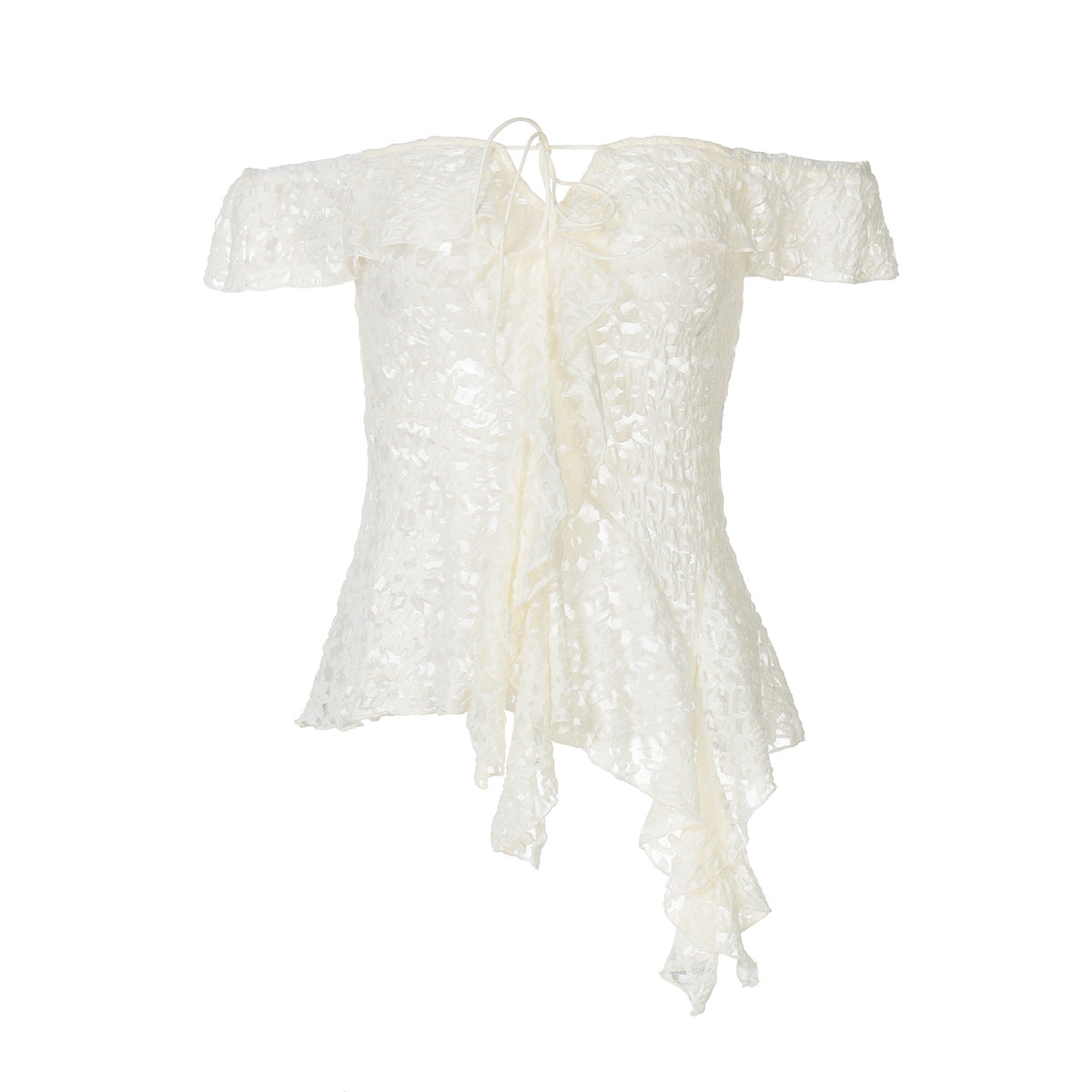 Romantic Lace Off-Shoulder Top: Chic Tie-Front & Asymmetrical Ruffle for Fall Evenings