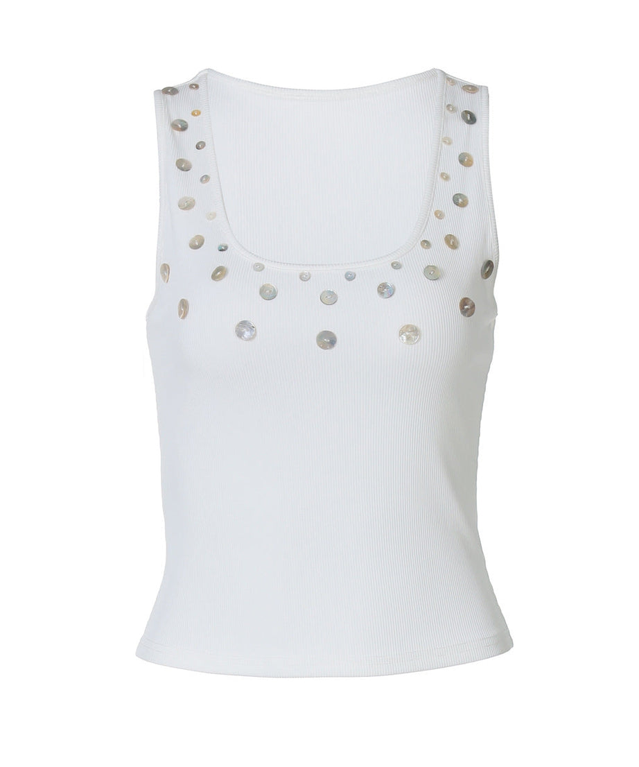 Effortless Chic: White Ribbed Tank Top with Shimmer Appliques | Fall & Holiday Style