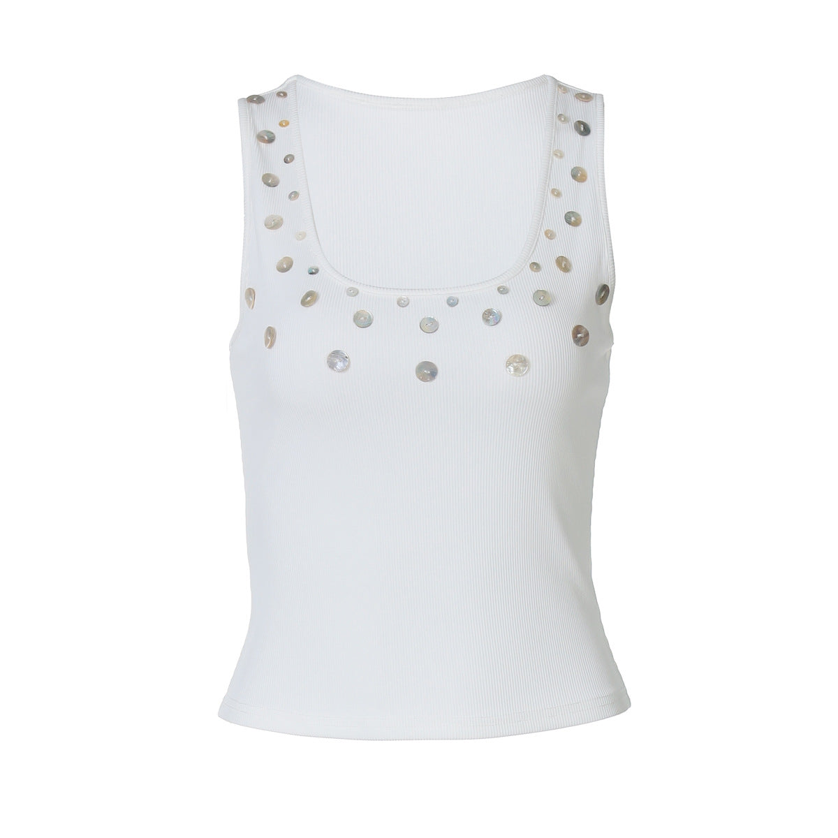 Effortless Chic: White Ribbed Tank Top with Shimmer Appliques | Fall & Holiday Style