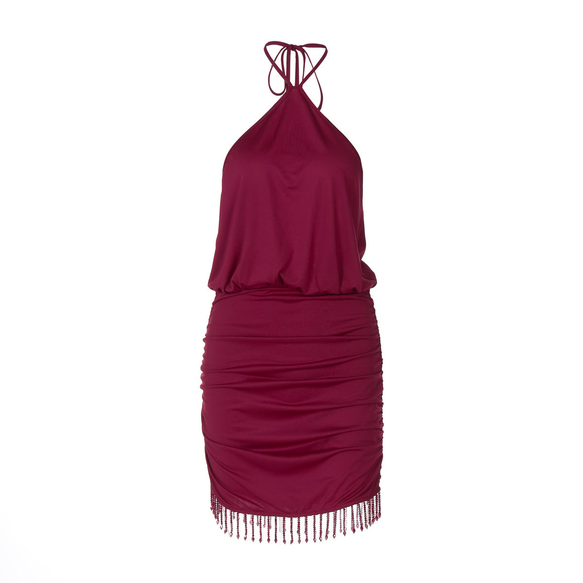 Sultry Burgundy Halter Ruched Mini Dress with Tassel Hem | Fall & Holiday Party Perfect