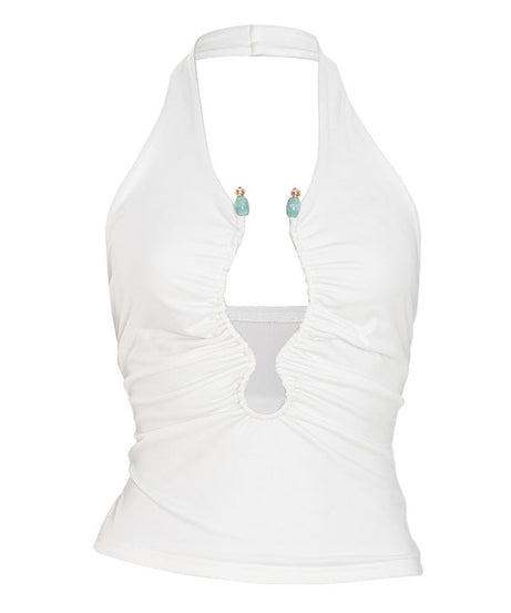 Fall Night Out Ready: White Ruched Halter Top with Beaded Keyhole Cut-Out