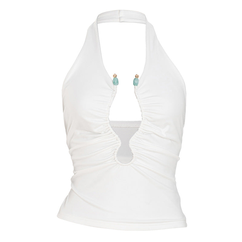 Fall Night Out Ready: White Ruched Halter Top with Beaded Keyhole Cut-Out