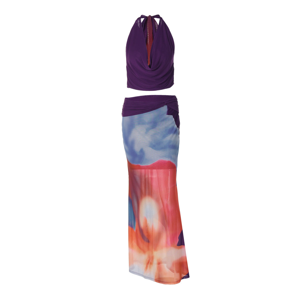 Effortless Chic: Cowl Neck Halter & Vibrant Mesh Maxi Skirt Set - Your Statement for Fall Getaways & Holiday Events