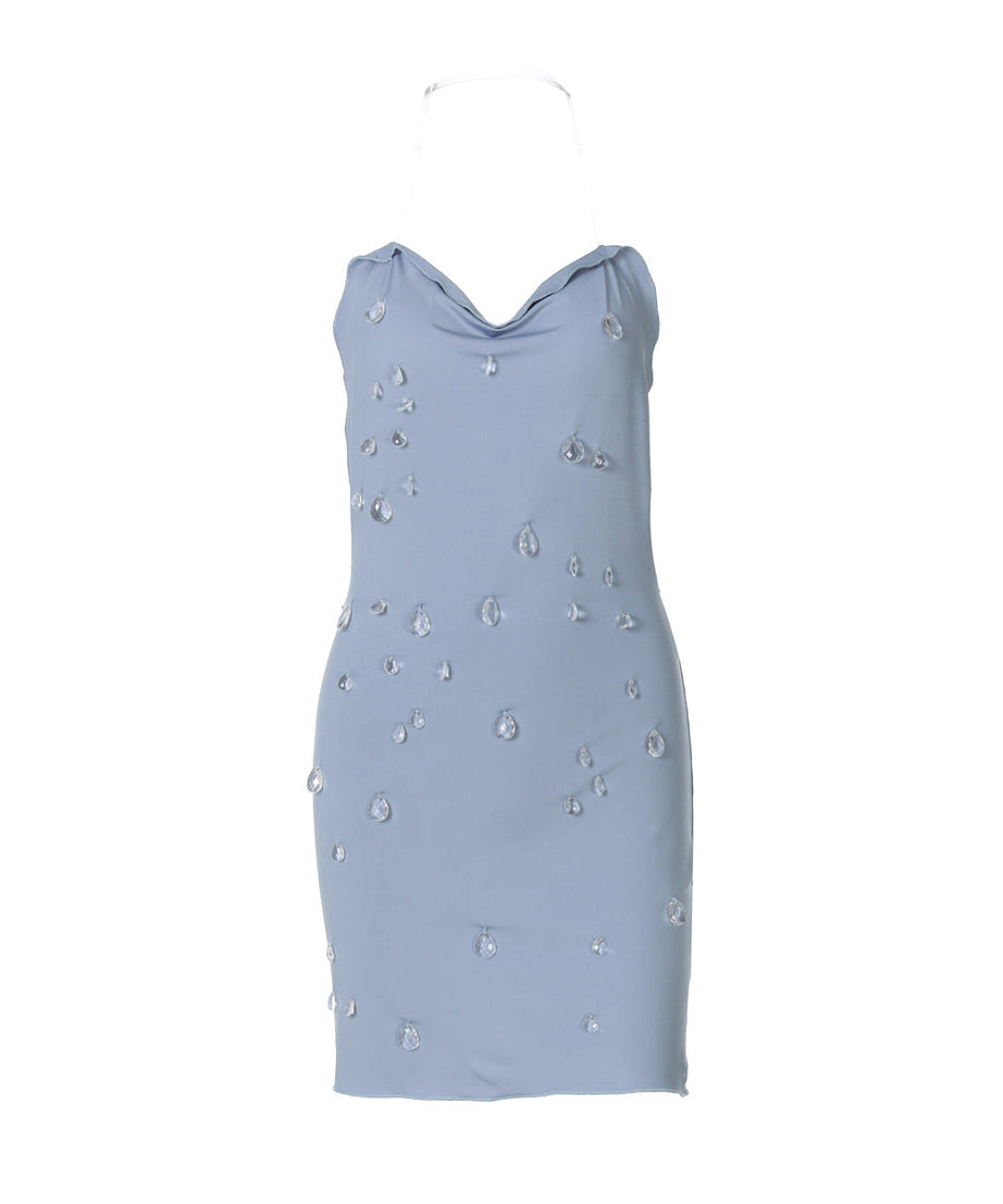 Starlight Siren Cowl Neck Halter Mini Dress | Dazzling Raindrop Embellishments for Fall & Holiday Parties