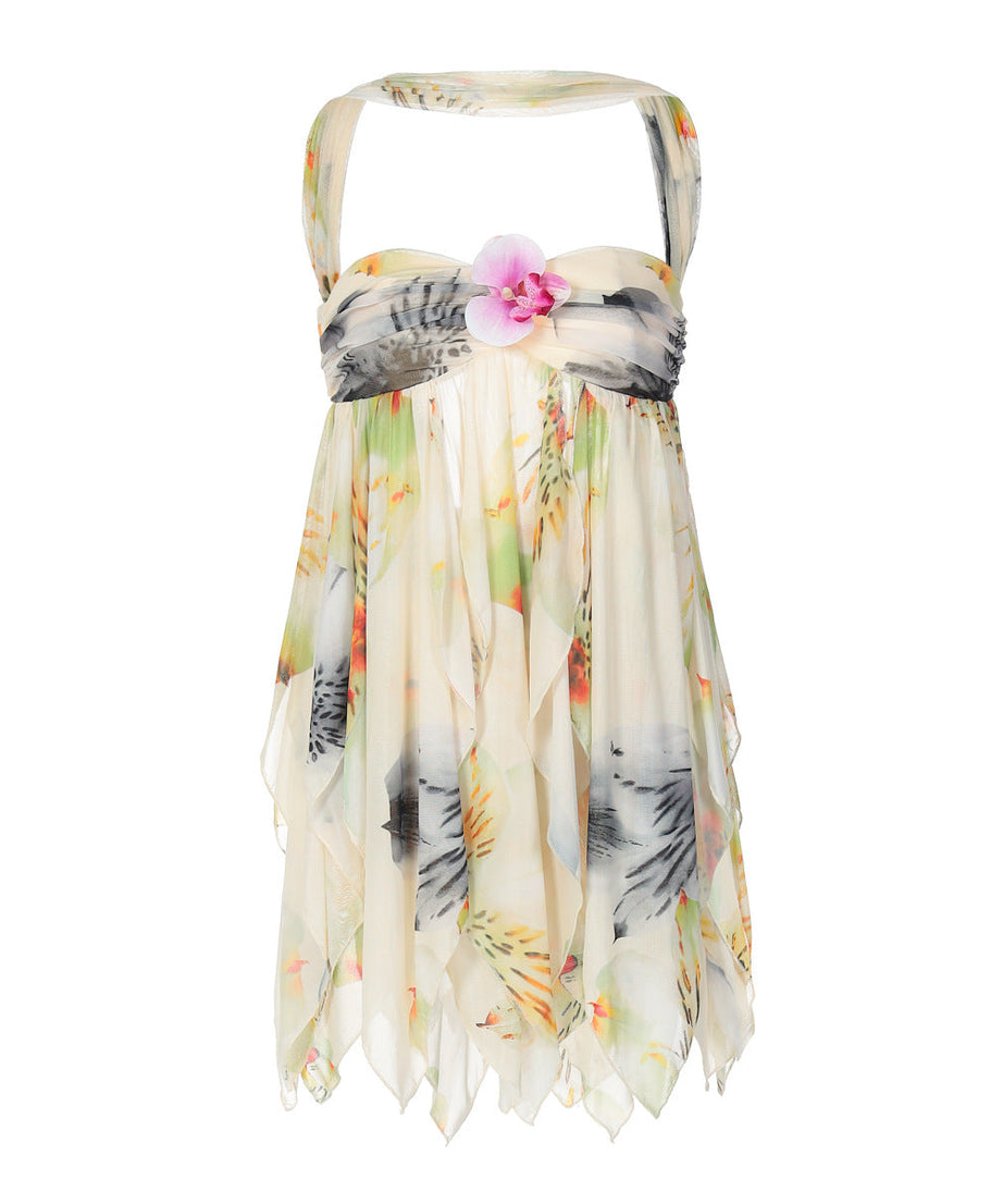 Chic Halter Neck Orchid Print Mini Dress – Your Essential Resort & Holiday Getaway Style