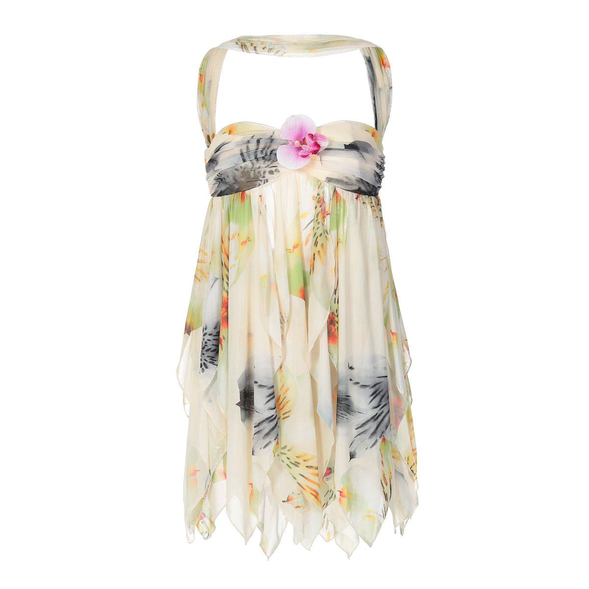 Chic Halter Neck Orchid Print Mini Dress – Your Essential Resort & Holiday Getaway Style